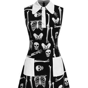 NWT Retro Stage Black 1960s Halloween Skeleton Lapel Mod Dress sz S